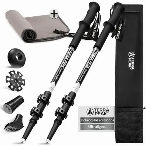 Terra Peak® Bastones de Senderismo telescópicos de Carbono o Aluminio (Plegables, ultraligeros, Extensibles) - Palos Trekking y Nordic Walking para Hombre y Mujer con Toalla Gratis