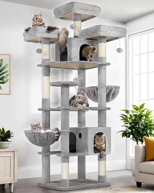 Globlazer Rascador para Gatos XXL 209 cm con 3 Perchas Acolchadas, 2 Nidos, 2 Cesta, Grande Plataformas, Juguetes de Peluche, Lujo Árbol Rascador para 3-5 Gatos Adultos Interior (F82, Gris Claro)