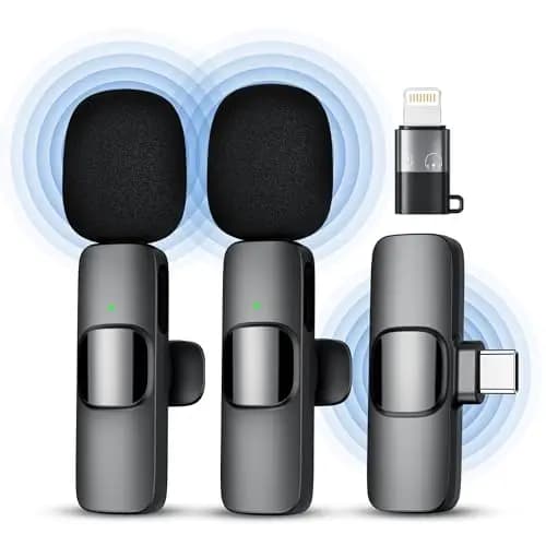 Microfono Inalambrico para iPhone y Android, Doble Microfono Solapa con Cancelación de Ruido DSP, Plug & Play, 10 Horas de Batería, con Adaptador Lightning, para Podcast, Streaming y Youtube