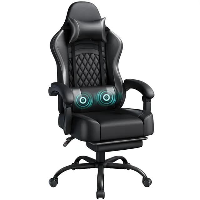 Yaheetech Silla Gaming con Respaldo Alto Almohada Lumbar de Masaje Silla de Escritorio Ergonómica Ajustable en Altura con Reposacabezas Extraíble Reposapiés Función de Inclinación Negro – Imagen 1
