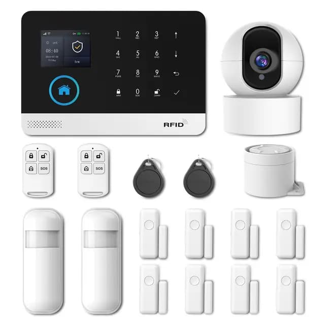 Sistema de Alarma doméstica inalámbrica,17 Piezas gsm WiFi Sistema Completo de Alarma antirrobo,Sirena de Alarma con PIR, Sensor de Puerta y Ventana, Control Remoto para apartamento,Garaje, Oficina
