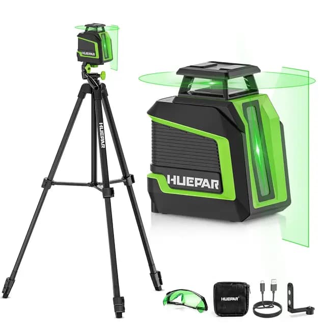 Huepar Nivel Láser 360 con Trípode de 1,5m, Nivel Laser Autonivelante con Líneas 360 Horizontales y Verticales, Modo de Pulso, Soporte Magnético, USB-C Recargable, Gafas protectoras & Estuche-D011CGTP