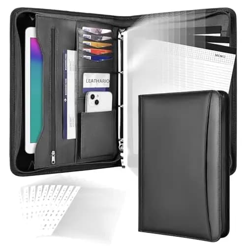 Leathario Carpeta de Conferencias A4 con Carpeta, Carpeta de Documentos para Viaje con 3 cuadernos y 10 páginas de índice transparente