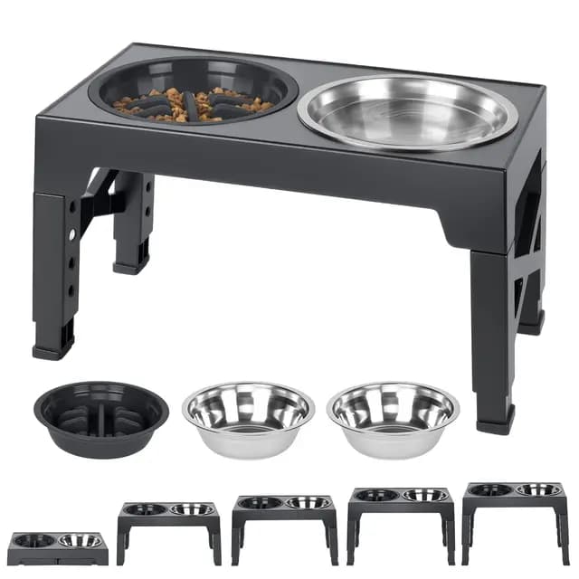 AUYAO Comedero Perro Elevado, con 2 Cuencos de Acero Inoxidable y 1 Bebederoo, Ajustable de 5 Alturas, Recipiente para Perros Pequeños, Medianos y Grandes