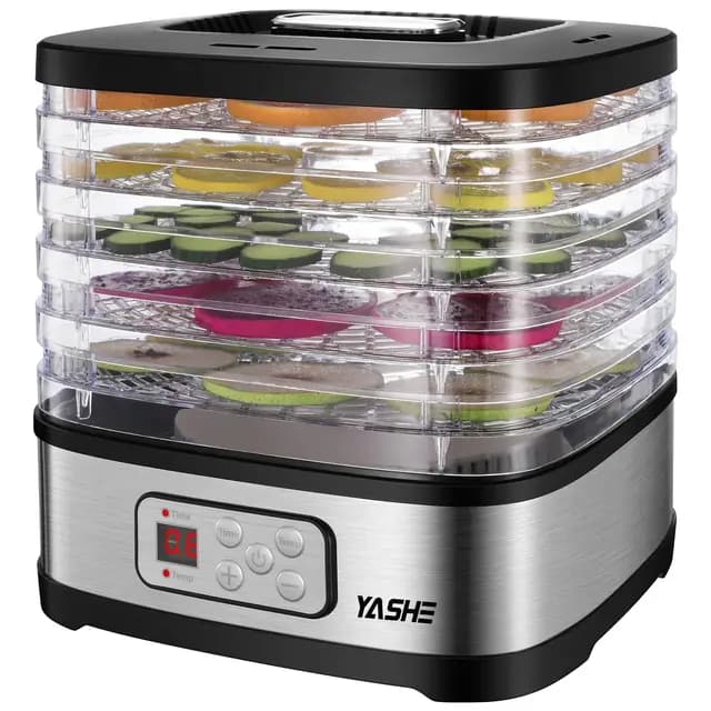 YASHE GGJ-261B Deshidratador de Alimentos, Control de Temperatura de 35 a 70°C y Temporizador de 72 Horas, 5 Bandejas de Altura Ajustable, Deshidratador de Frutas y Verduras, 240 Vatios, Sin BPA