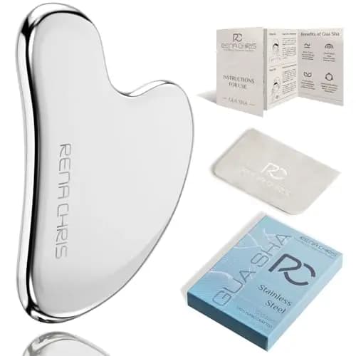 Rena Chris Gua Sha Facial Masajeador,Piedra GuaSha de Acero Inoxidable para Esculpir la Línea de la Mandíbula, Eliminar las Bolsas de los Ojos, Regalos para el Cuidado de la Piel(Plata)