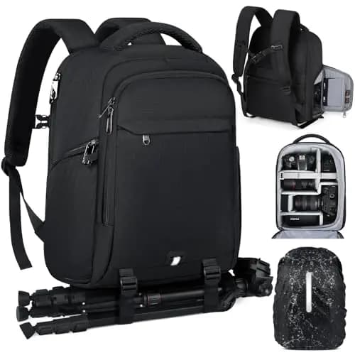 RAINSMORE Mochila para Cámaras de Fotógrafos Mochila Fotografia Profesional para Portátil 14 Pulgadas, Camera Bag con Funda Impermeable para DSLR Canon Nikon Sony Negro