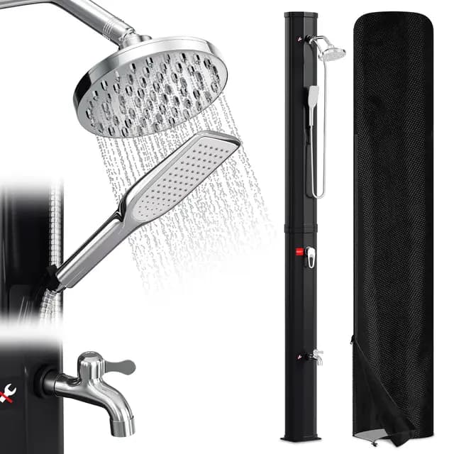 Randaco Ducha Solar para jardín, Agua Caliente hasta 60 °C, sin conexión eléctrica, Ducha de Piscina, Camping con Ducha de pies y Cabezal de Ducha de Lluvia Giratorio, Color Negro (40 L)