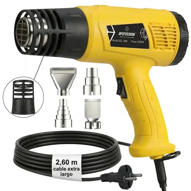 Pistola de Calor 2000W | 2 Niveles de Temperatura 400–600 °C | Pistola de Aire Caliente KIT PREMIUM con Protector Anti-Quemaduras y 4 Boquillas | Manual en Español