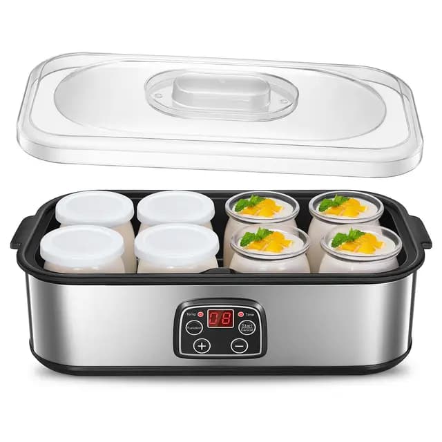 Yogurtera con 8 Vasos y Tapas, Máquina de Yogur Griega, LCD Pantalla de un Solo Toque, Fácil de Usar, Yogur Fresco Casero, Tiempo y Temperatura ajustables, sin BPA