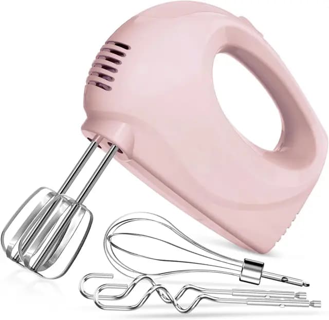 Leaflai Batidora de mano eléctrica, batidora de mano de 5 niveles, incluye 1 batidor, 2 varillas mezcladoras, 2 ganchos para amasar de acero inoxidable, apto para lavavajillas (rosa)