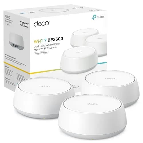TP-Link Deco BE3600 (3-Pack) – Mesh Wi‑Fi 7 de Doble Banda hasta 3,6 GB/s, backhaul híbrido inalámbrico y por Cable, MLO, 2 Puertos Gigabit por Unidad, Seguridad HomeShield