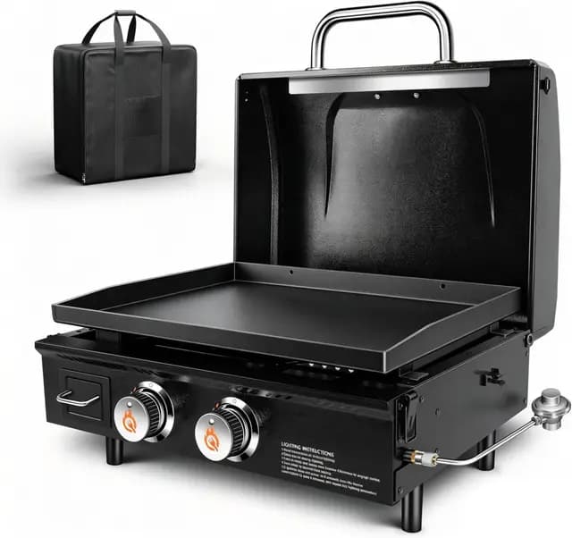 GFTIME Barbacoa de gas de mesa, 2 quemadores con campana, parrilla de gas con parte superior plana, parrilla de propano con bolsa de transporte de 22 pulgadas, 48.000 BTU, placa de cerámica