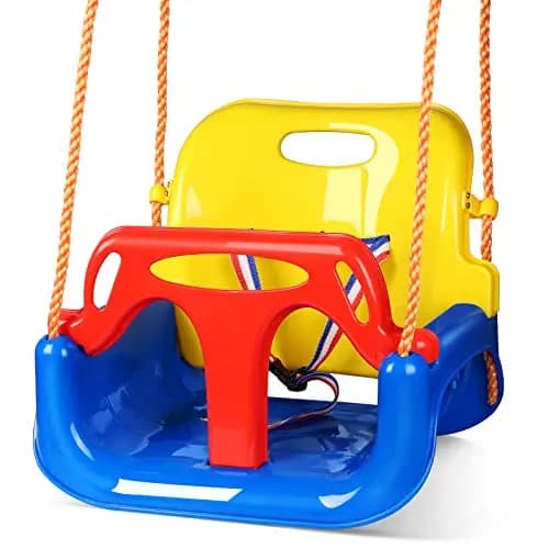 Glymnis Columpio Infantil 3 en 1, Columpio Jardin Exterior con Respaldo y Protección Frontal Desmontable para Seguridad con Cuerda para Niños