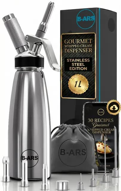 B-ARS Dispensador Crema Batida Profesional Acero Inoxidable 1L Incluye Boquillas Decorativas Cepillo Limpieza Ebook Recetas Cocina Espumas Postres Fáciles y Creativos