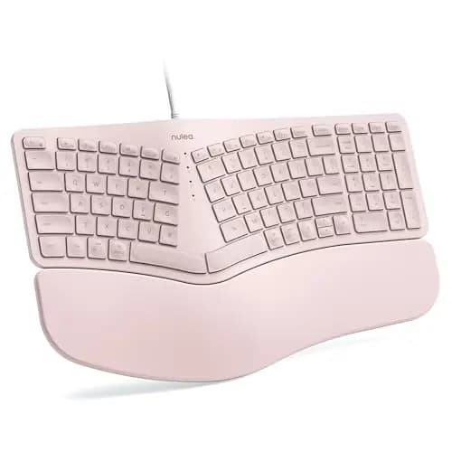 Nulea RT05C - Teclado ergonómico con cable, teclado dividido con reposamuñecas acolchado, patas inclinables ajustables, Plug and Play, cable USB, compatible con Windows/Mac, color rosa