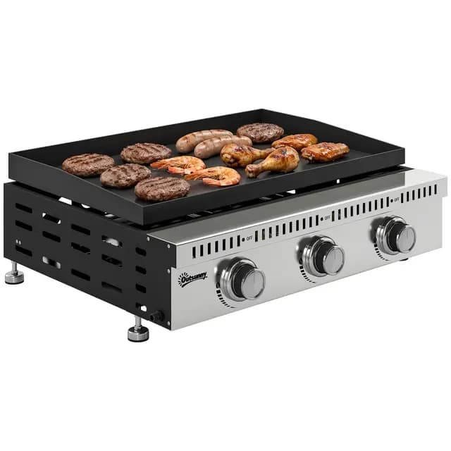 Outsunny - Plancha de gas de 9 kW, 3 quemadores de acero inoxidable, superficie de cocción 56,5 x 33 cm, con bandeja de recuperación de grasa, propano/butano/GLP, portátil para camping, picnic y