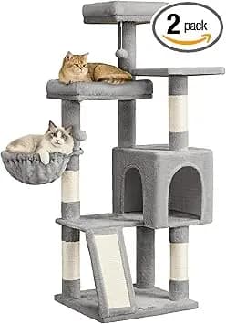 Feandrea Árbol para Gatos, Rascador de Gatos, Torre con Postes y Rampa Rascador, 3 Grandes Plataformas, 1 Cueva, 1 Hamaca, 2 Pompones, Altura 136 cm, Gris Paloma PCT012GD01
