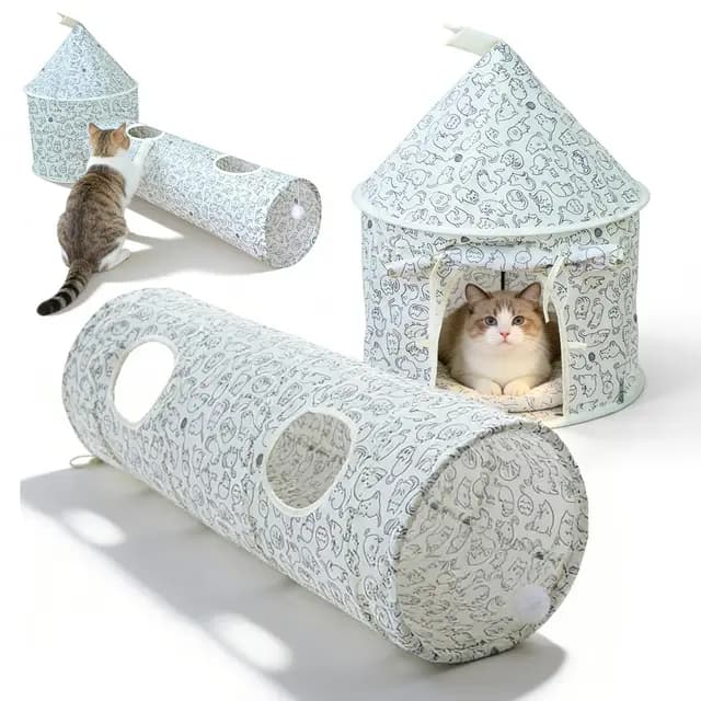 Túnel para gatos 3 en 1, plegable túnel para gatos con mirilla y pelota, túnel de juego para gatos, túnel interactivo para gatos, cachorros, animales pequeños, interior y exterior (beige)