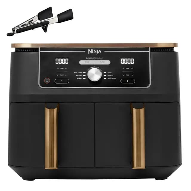 Ninja Foodi MAX Freidora de aire con compartimento doble, 9,6 l, 6 en 1, no usa aceite, Max Crisp, Asar, Hornear y más, pinzas, 8 porciones, cestas antiadherentes, en cobre y negro, AF400EUCP
