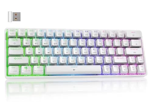 Dierya Teclado Mecánico Gamer Inalámbrico 60% DK63 con Bluetooth/2.4G/Type-C,Red Switch Gaming Mechanical RGB Keyboard,Teclado Ultra-Compacto 68 Teclas para PC/Win/Mac,QWERTY,Blanco
