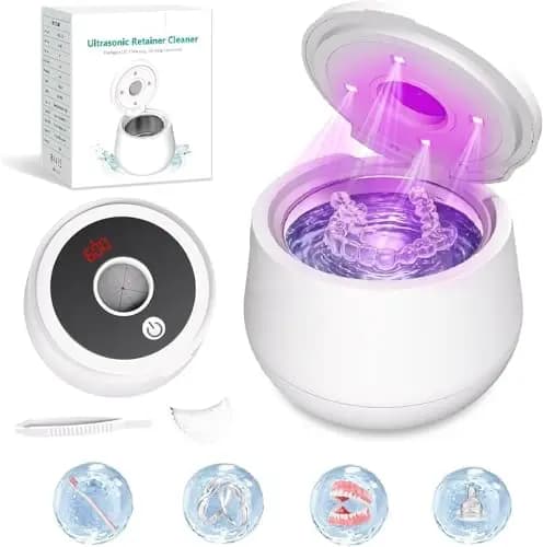 Limpiador de retenedores ultrasónico, 45 kHz, limpiador dental con cápsula y lámpara UV y 4 modos de limpieza, limpiador ultrasónico para joyas, alineador, protector nocturno, protector bucal