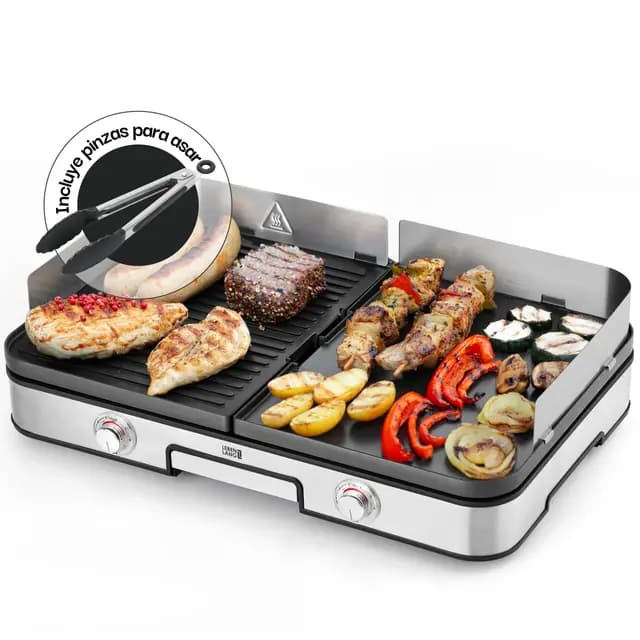 LEBENLANG 2400W Plancha Cocina - Incl. Pinzas para barbacoa & Protector contra salpicaduras I 48x30cm Para interior y exterior I Plancha electrica para cocinar Grelhador electrico Plancha de asar xxl