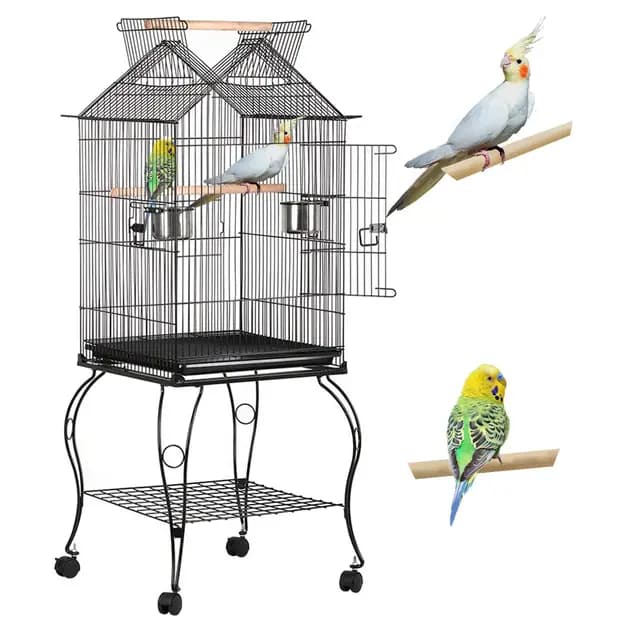 Yaheetech Jaula para Pájaros de Acero Inoxidable, Negro, Jaula con Ruedas Soporte Comedero 59 x 59 x 145 cm