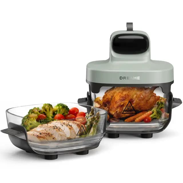 DREAME Tasti Freidora De Aire De Vidrio Portátil 5-1, 2 Ollas (2,5 L + 4,5 L), Cristal Borosilicato 6 mm, Aire Caliente 3D, Apta Lavavajillas, Vista Panorámica 360°, Desmontable