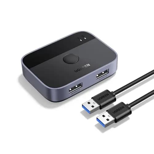 UGREEN Switch USB 3.0 5Gbps KVM Switcher 2 Puertos para 2 PC 2 Entradas 2 Salidas Aluminio para Teclado Ratón Disco Duro Externo Impresora Escáner 2 Cables 3.0 Incluidos