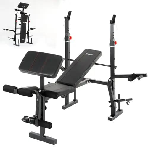 Banco Musculación Plegable, Banco De Musculacion, Press Banca con Soporte para Barra para press de banca, Banco De Pesas Musculación Ajustable con respaldo, soporte para piernas
