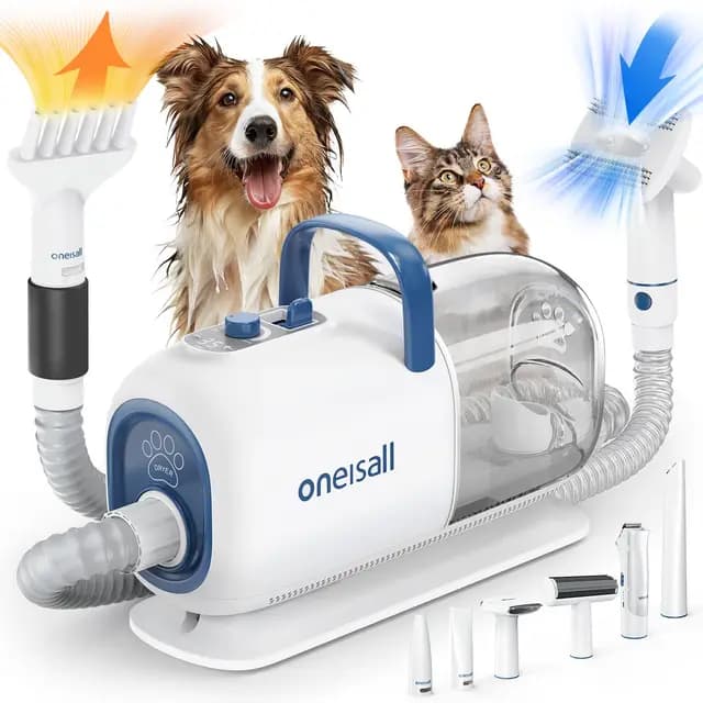 oneisall Secador y cortapelos al vacío para peluquería canina, 15000 Pa, kit de aseo para perros para recortar y secar, 7 niveles de temperatura de soplado, flujo de aire ajustable, 2,5 L