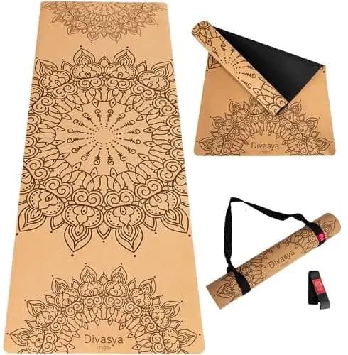 Esterilla de yoga premium de corcho antideslizante: de caucho natural antideslizante y corcho, natural y sostenible, extra ancha y extra gruesa (183 x 66 x 0,4 cm), correa de transporte