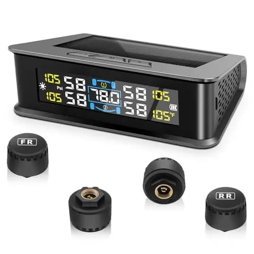 Sistema de Monitorización de Presión de Neumáticos TPMS, Solar Inalámbrico y Carga USB, Monitor de Presión de Neumáticos, 5 Modos de Alarma, 4 Sensores Externos, Rango 0-5 Bar, Ajuste