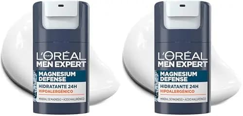 L'Oréal Men Expert, Crema Facial Hidratante 24H Para Hombre, Hipoalergénica Mineral de Magnesio + Ácido Hialurónico, Sin alcohol, Pieles Sensibles, 50 ml (Paquete de 2)