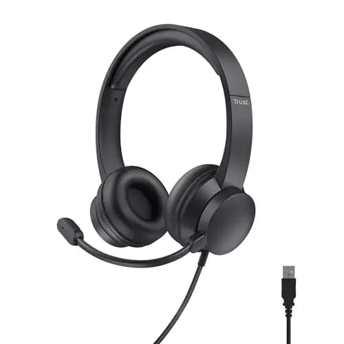 Trust Roha II USB Auriculares con Micrófono PC Ligero On Ear, Diadema Ajustable, Control de Volumen Supraaural, Cable de 1,8 m, Cascos per Oficina Ordenador Portátil Laptop Zoom Teams - Negro