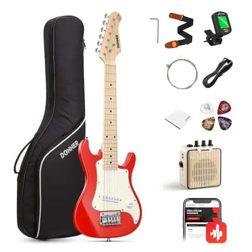 Donner Kit de guitarra eléctrica junior de 30 pulgadas para principiantes, estilo ST, paquete premium con amplificador, sintonizador, capo, bolsa, correa, cuerda, cable (DSJ-100, rojo)