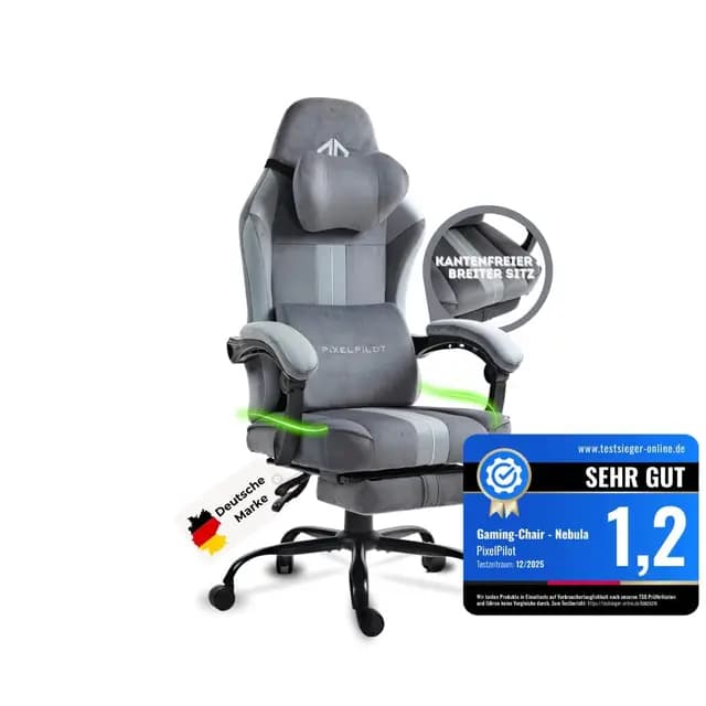 PixelPilot Silla de gaming ergonómica con reposapiés, tejido transpirable, silla de oficina para gamer con reposacabezas, soporte lumbar, asiento ancho, 150 kg (gris)