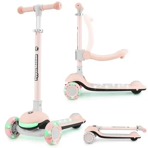 HyperMotion Patinete para niños con Luces LED 3 en 1 LUMI, Asiento Ajustable, Plegable, Ruedas de PU, Manillar T-Bar, hasta 50 kg, Desde 1 año, Uso Interior y Exterior (Rosa)