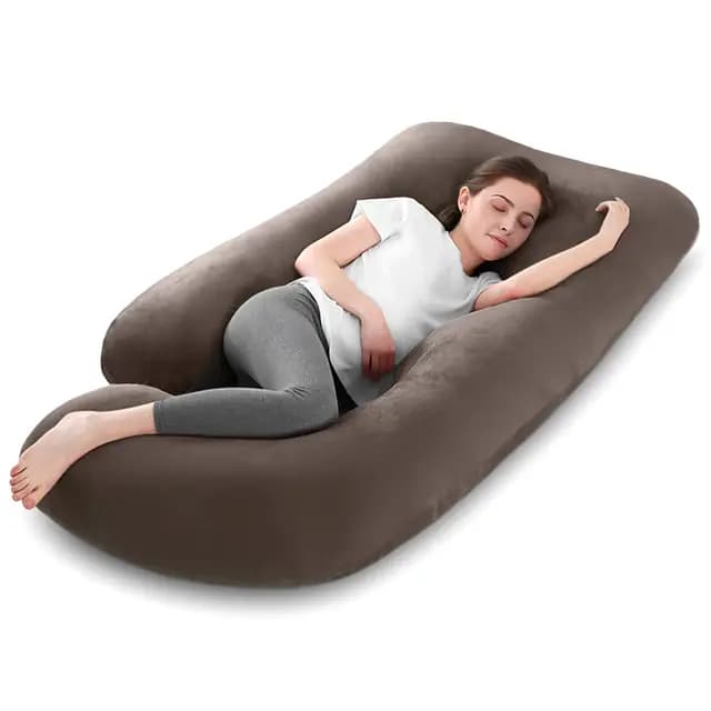 Almohada de Embarazo, Almohada de Cuerpo Completo en Forma de J, Almohada Embarazada Grande, Almohada de Maternidad con Funda de Terciopelo Extraíble y Lavable (Marrón)