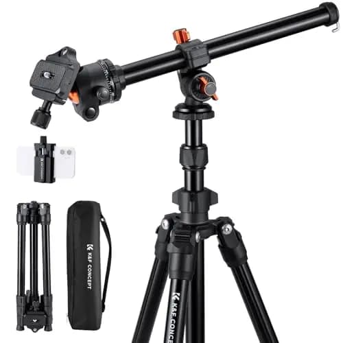 K&F CONCEPT O234A1+BH-36 Tripode Camara con Brazo Extensible 195CM, Trípode Viaje Cámara con Soporte de Teléfono, Trípode Ligero en Aluminio