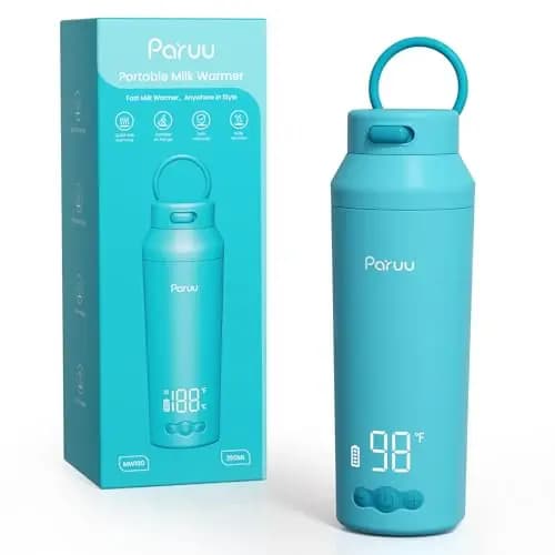 Paruu Calienta Biberones Portatil para Viaje, Calentamiento Rápido en 2 Minutos, Boca Ancha Fácil de Limpiar, 7 Niveles de Regulación de Temperatura, Carga Rápida 30W, Capacidad 350 ml, Azul