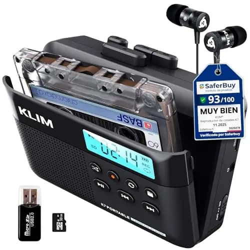 KLIM K7 Reproductor Cassette - Nueva versión - Conversor de Cassette a MP3 - Player Portátil con Micrófono y Altavoz Integrados - Batería Recargable - Auriculares - Tarjeta SD 16 GB - Negro