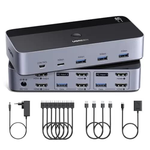 UGREEN Switch KVM HDMI 2.0 2 Entradas 2 Salidas 4K 60 Hz Conmutador KVM para 2 pc con 4 Puertos USB 5 Gbps para Teclado Ratón Disco Duro Controlador de Escritorio Compatible con Windows Linux macOS