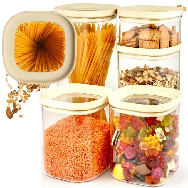 Set de 5 Tarros de Cristal con Tapa de Vidrio Borosilicato resistente + Etiquetas (1x 2000ml, 1x 1500ml, 2x 1000ml, 1x 500ml) - Botes Herméticos y Apilables - Botes Cocina Almacenaje