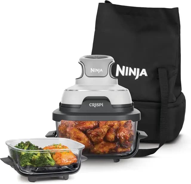 Ninja CRISPi Freidora de aire portátil, 3,8 L y 1,4 L, 4 en 1: Freír con aire, Asar, Mantener la temperatura, Dorar. Compacta, 2 recipientes de cristal extraíbles y tapas, 1700 W Blanco FN102EU – Imagen 1