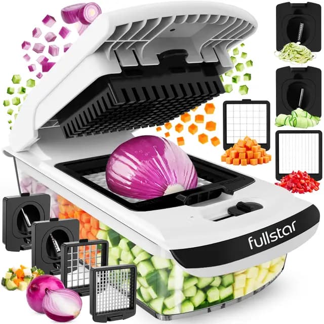 Fullstar Multifuncional Cortador de Verdura y Espiralizador - Picador de Verduras Manual para Cebolla Pepino Patatas Fritas Frutas - Gadgets y Accesorios de Cocina (PRO 4-en-1, Blanco)