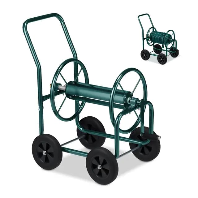Relaxdays Carro Portamangueras, hasta 60 m, 4 Ruedas Neumáticas, Acoplamiento por Clic, Soporte Mangueras Metal, Verde