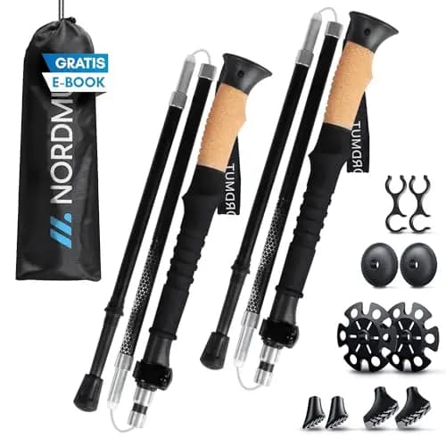 NORDMUT® Bastones de Senderismo Plegables en Aluminio o Carbono Ultraligeros – Desde 1,50 m o 1,65 m – con Empuñaduras Ergonómicas – Trekking Robustos y Compactos