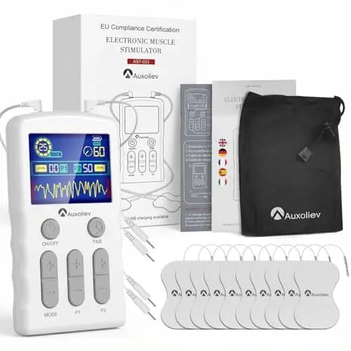 Auxoliev TENS/EMS Electroestimulador Muscular, Dispositivo de Multiterapia y Rehabilitación con 25 Modos & 10 Electrodos, para aliviar el dolor muscular y fortalecer los músculos, con diseño patentado